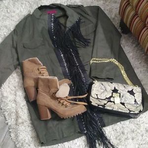 Khaki Green military style jacket with fringe